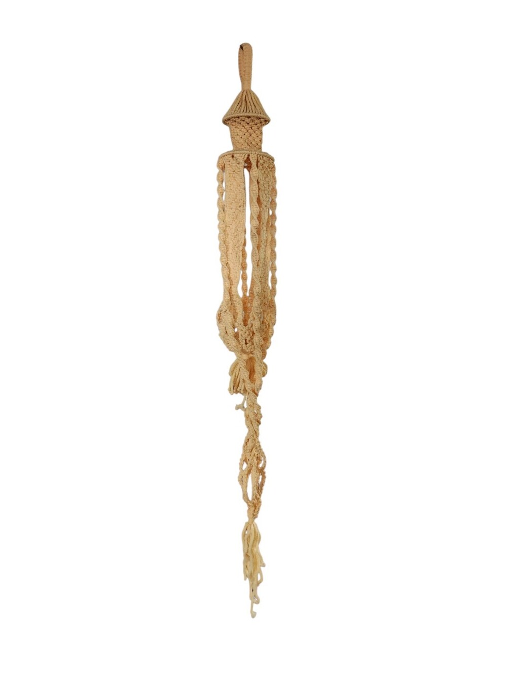 Vintage Macrame Plant Hanger Ivory Yellow Double Tiered 55 inches Long
